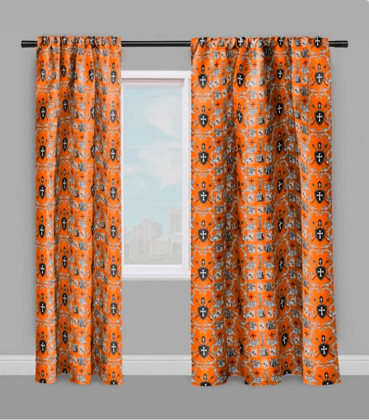 Croisade Ordre des Templiers toile de Jouy orange au mètre rideau couette coussin