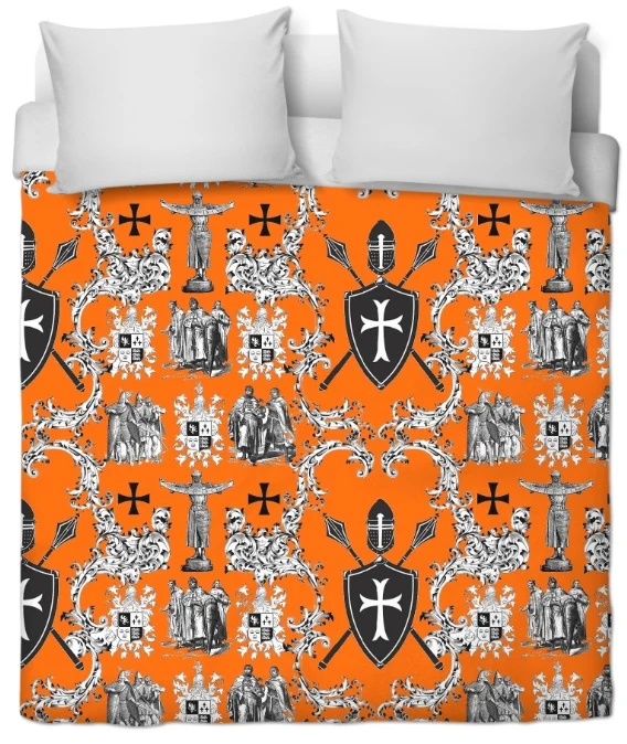 Croisade Ordre des Templiers toile de Jouy orange au mètre rideau couette coussin