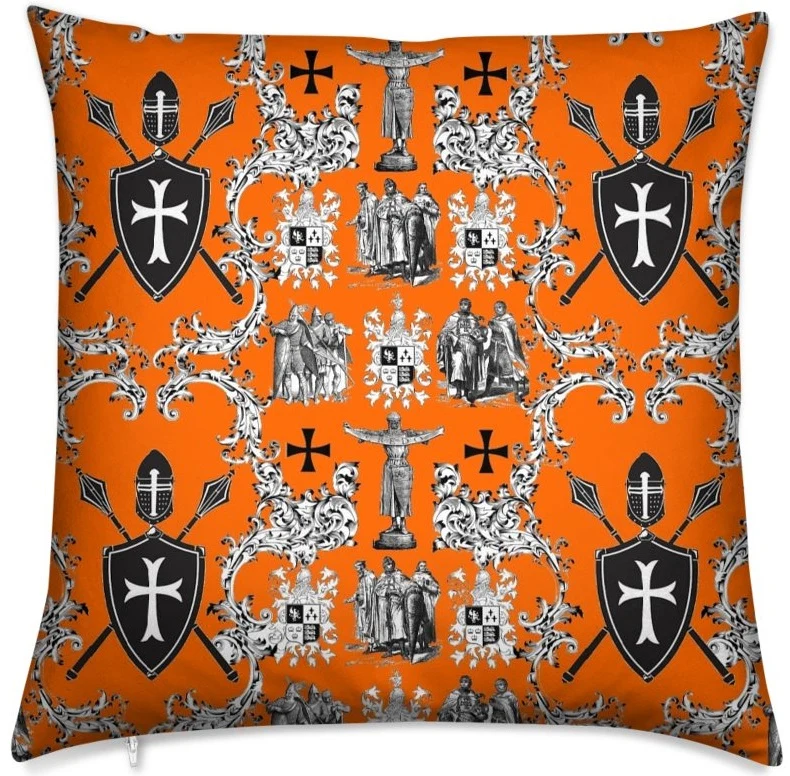 Croisade Ordre des Templiers toile de Jouy orange au mètre rideau couette coussin