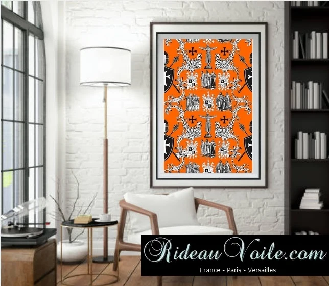 Croisade Ordre des Templiers toile de Jouy orange au mètre rideau couette coussin