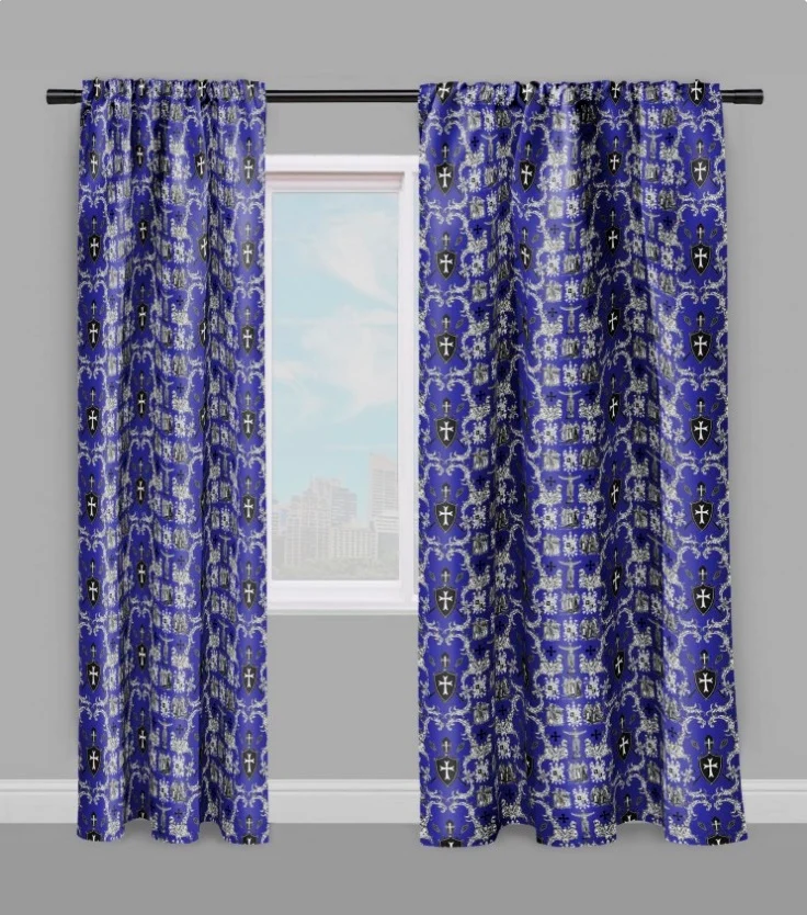 Tissu toile de Jouy bleu marine au mètre rideau couette coussin l'Ordre des Templiers