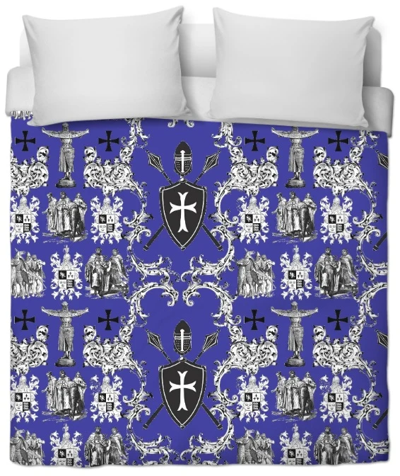 Tissu toile de Jouy bleu marine au mètre rideau couette coussin l'Ordre des Templiers