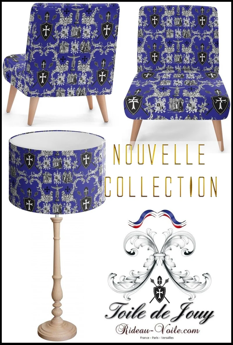 Tissu toile de Jouy bleu marine au mètre rideau couette coussin l'Ordre des Templiers