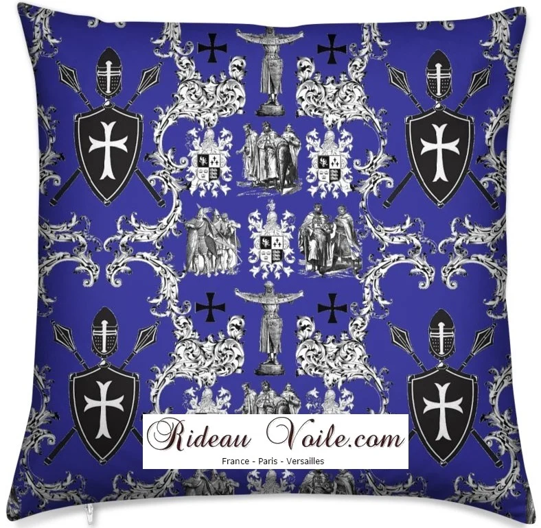 Tissu toile de Jouy bleu marine au mètre rideau couette coussin l'Ordre des Templiers