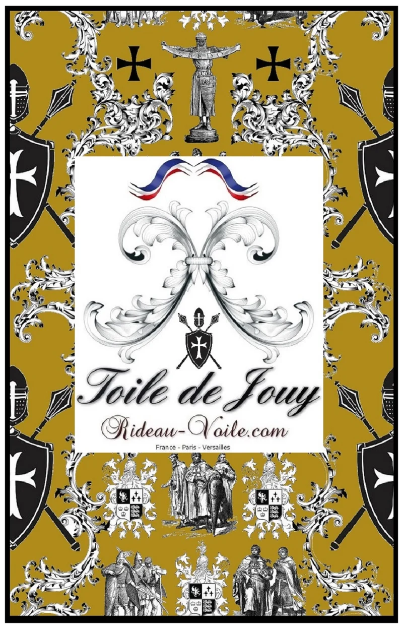 Tissu toile de Jouy vert kaki au mètre rideau emblématique Croix Ordre des Templiers