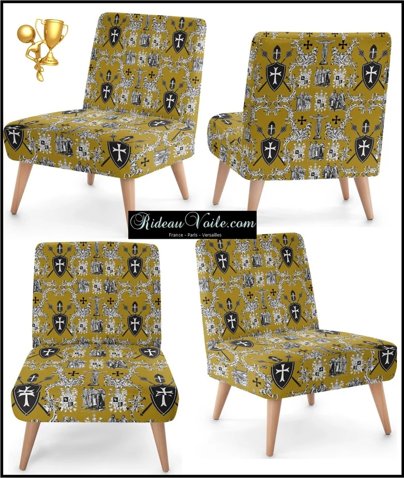 Tissu toile de Jouy vert kaki au mètre rideau emblématique Croix Ordre des Templiers