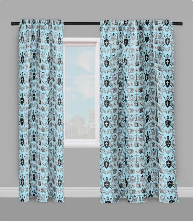 Tissu toile de Jouy bleu au mètre rideau couette coussin motif l'Ordre des Templiers
