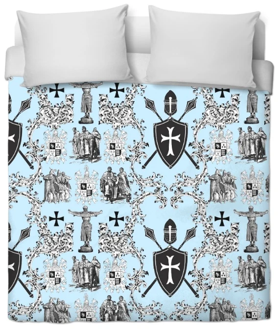 Tissu toile de Jouy bleu au mètre rideau couette coussin motif l'Ordre des Templiers