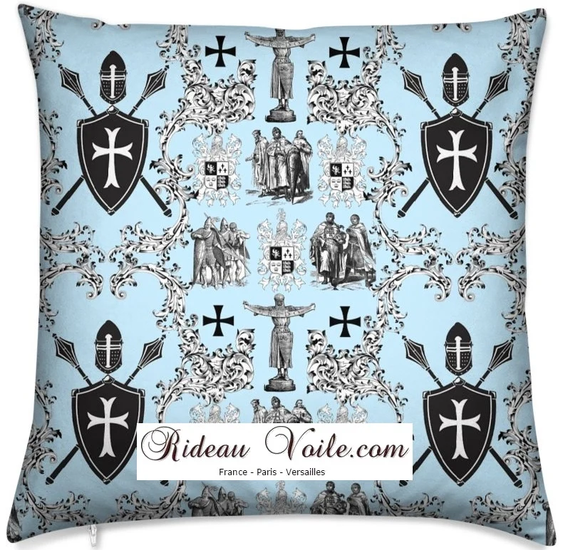 Tissu toile de Jouy bleu au mètre rideau couette coussin motif l'Ordre des Templiers