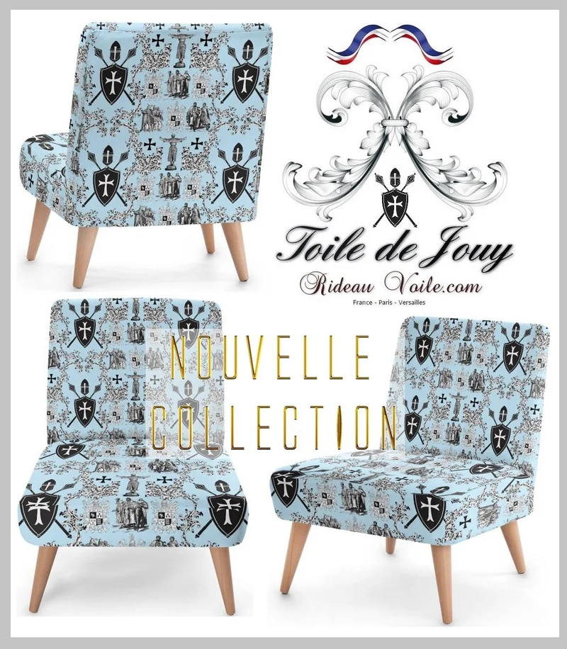 Tissu toile de Jouy bleu au mètre rideau couette coussin motif l'Ordre des Templiers