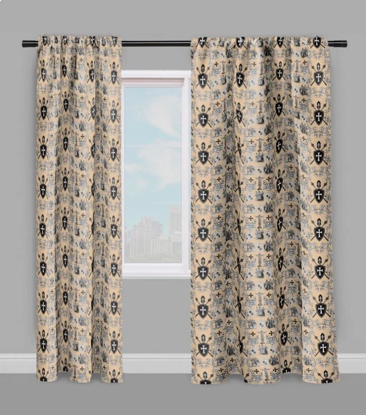 Tissu toile de Jouy beige au mètre rideau couette coussin motif l'Ordre des Templiers