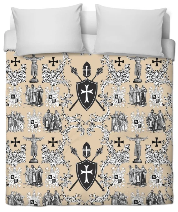Tissu toile de Jouy beige au mètre rideau couette coussin motif l'Ordre des Templiers