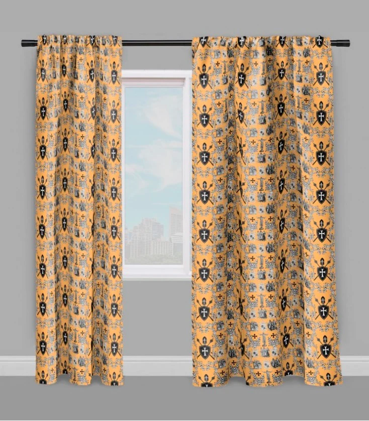 Tissu toile de Jouy au mètre rideau couette coussin motif l'Ordre des Templiers orange