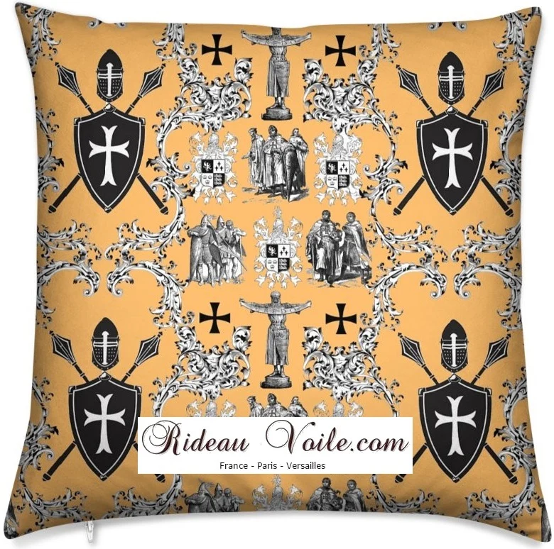 Tissu toile de Jouy au mètre rideau couette coussin motif l'Ordre des Templiers orange