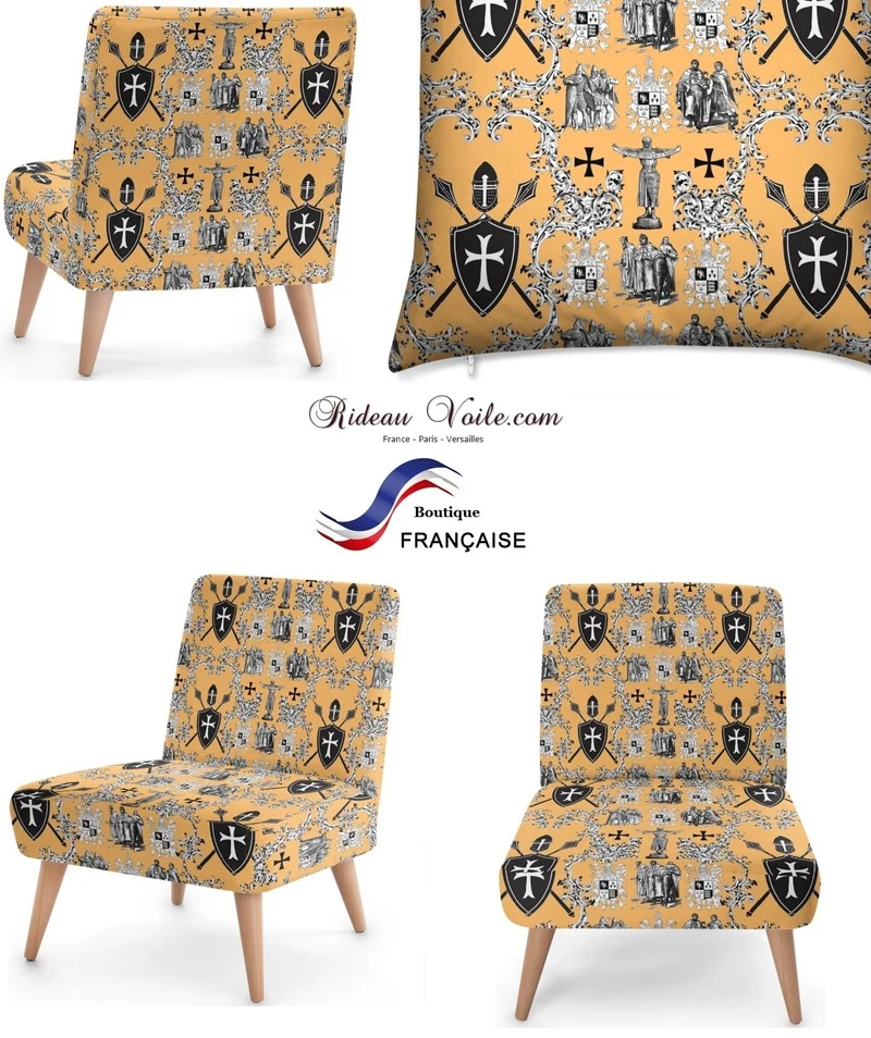 Tissu toile de Jouy au mètre rideau couette coussin motif l'Ordre des Templiers orange