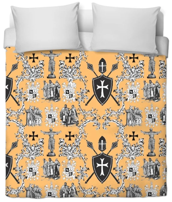 Tissu toile de Jouy au mètre rideau couette coussin motif l'Ordre des Templiers orange