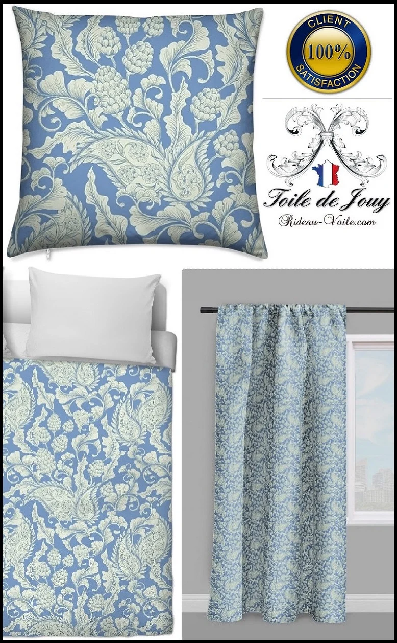 Tissu Toile de Jouy bleu fleuri au mètre rideau couette Paisley cachemire motif fleur