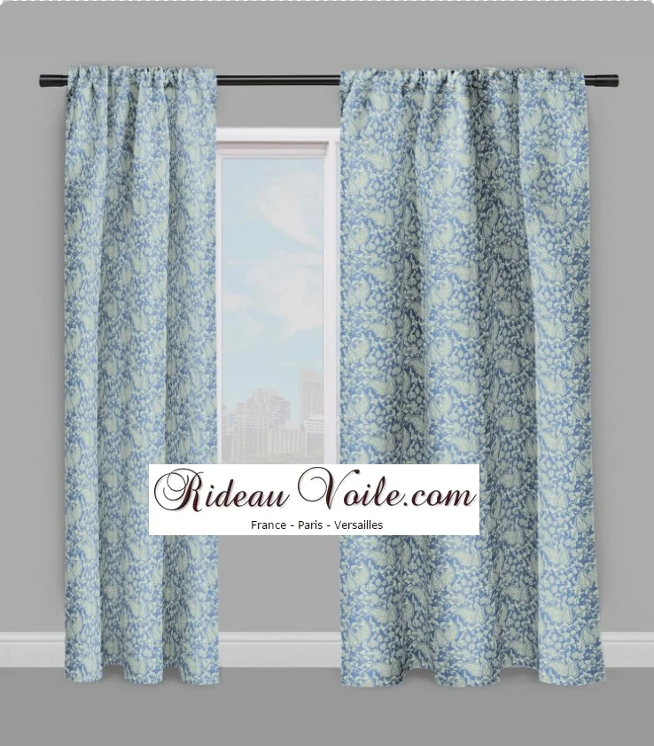 Tissu Toile de Jouy bleu fleuri au mètre rideau couette Paisley cachemire motif fleur