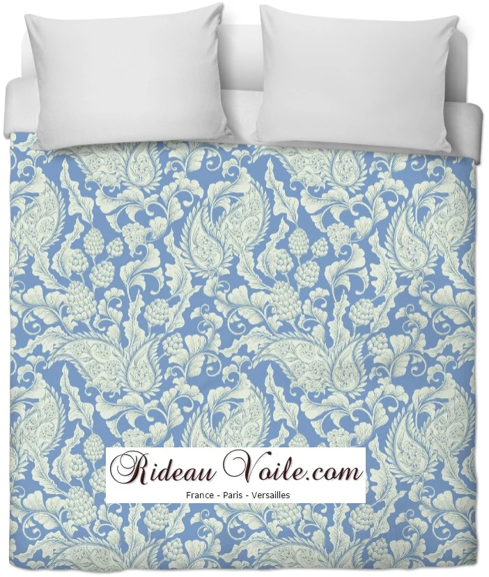 Tissu Toile de Jouy bleu fleuri au mètre rideau couette Paisley cachemire motif fleur