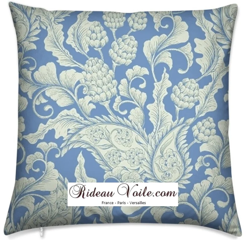 Tissu Toile de Jouy bleu fleuri au mètre rideau couette Paisley cachemire motif fleur