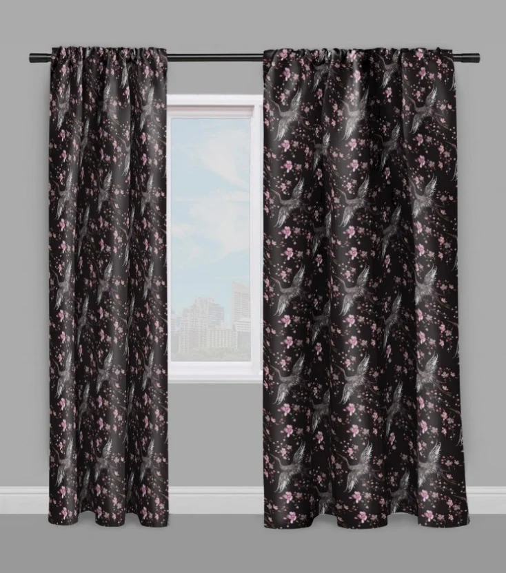 Oiseaux motif grue fleurs rose tissu au mètre ameublement store rideau coussin couette