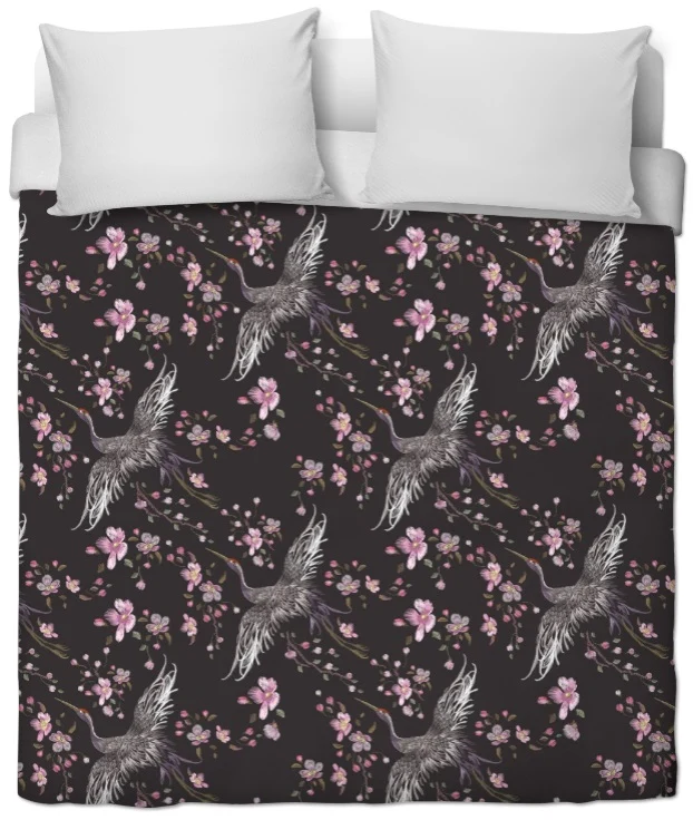 Oiseaux motif grue fleurs rose tissu au mètre ameublement store rideau coussin couette