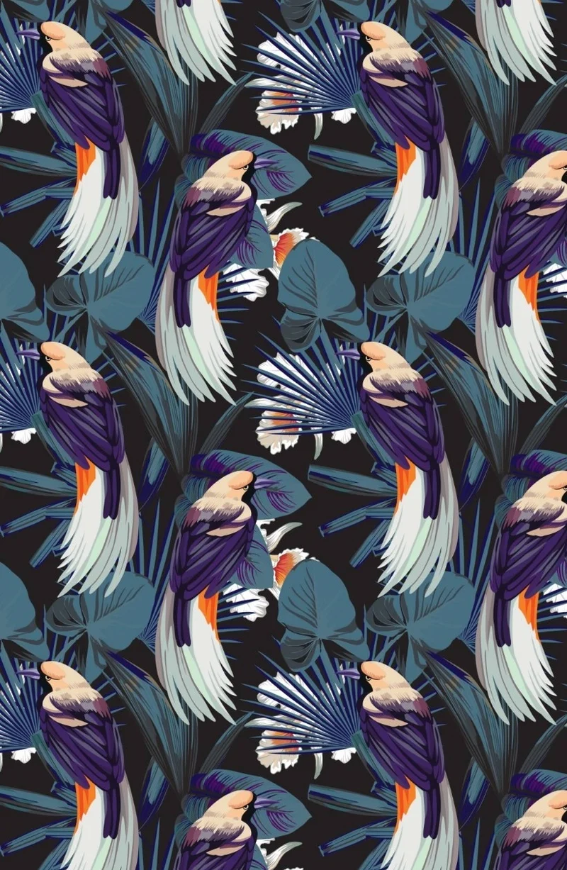 Tissu ameublement mètre Exotique oiseaux plantes fleurs Tropicales Jungle bleu nuit
