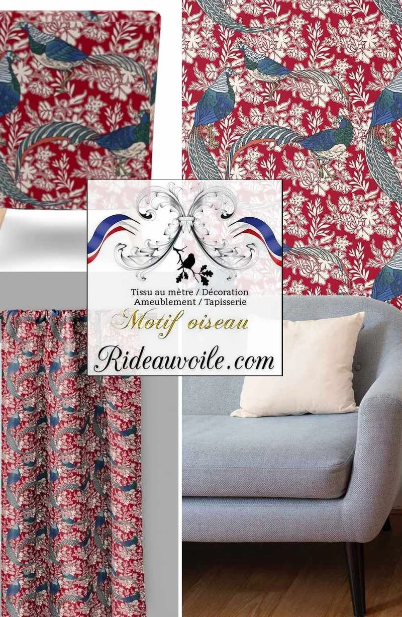Tissu ameublement rouge au mètre imprimé rideau motif oiseaux plantes fleurs