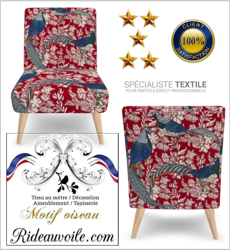 Tissu ameublement rouge au mètre imprimé rideau motif oiseaux plantes fleurs
