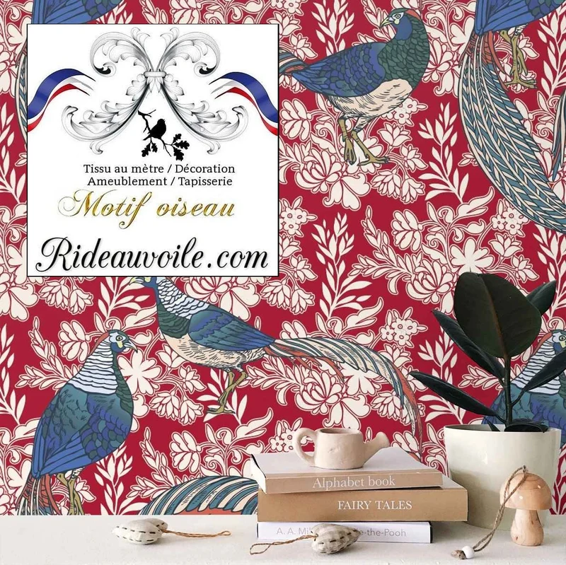 Tissu ameublement rouge au mètre imprimé rideau motif oiseaux plantes fleurs
