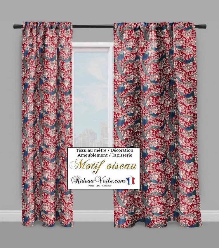 Tissu ameublement rouge au mètre imprimé rideau motif oiseaux plantes fleurs