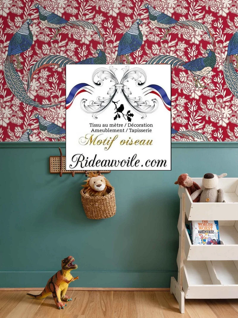 Tissu ameublement rouge au mètre imprimé rideau motif oiseaux plantes fleurs