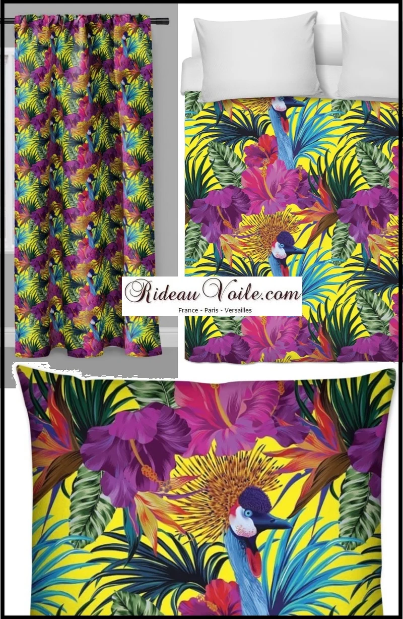 Tissu au mètre motif oiseaux Équateur Exotique Tropical fleur rideau couette