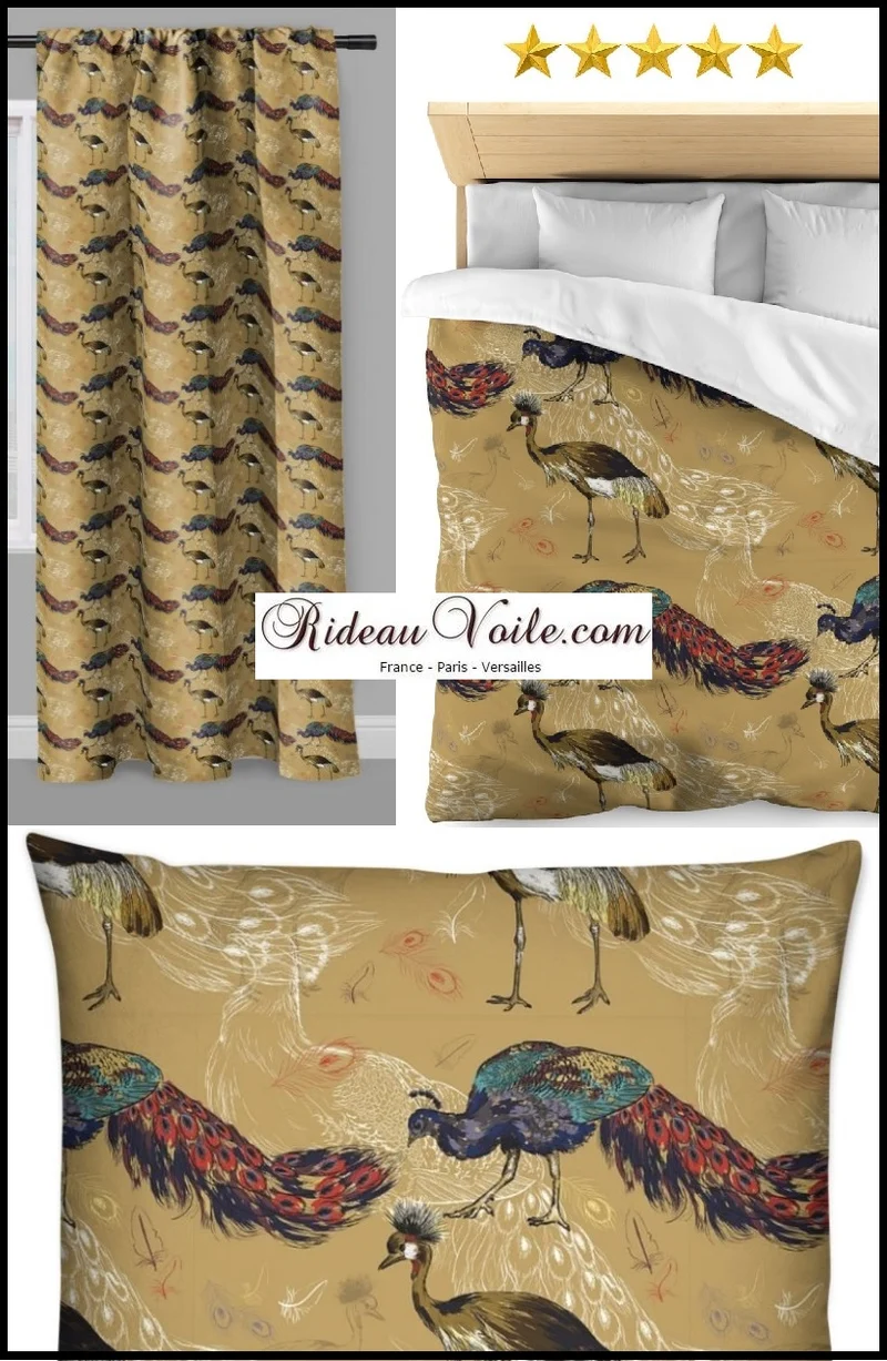 Tissu ameublement mètre beige motif oiseaux paon imprimé rideau coussin couette