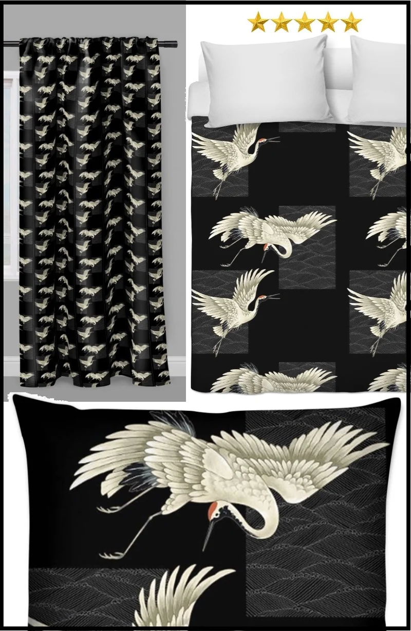 Tissu au mètre motif oiseaux grue du Japon rideau coussin couette voilage Asiatique