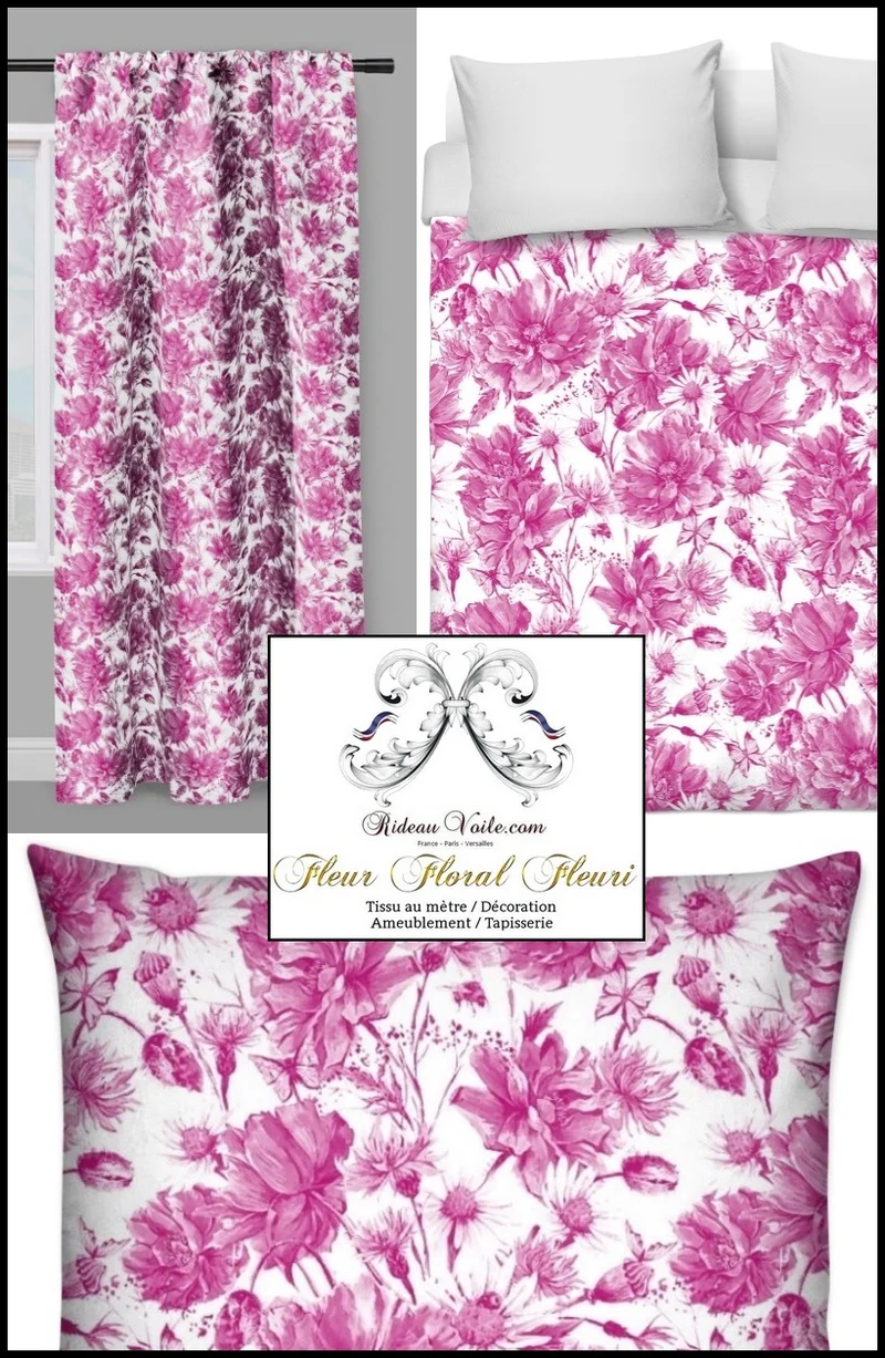 Tissu ameublement coquelicots mètre fushia motif fleurs rideau couette sur mesure