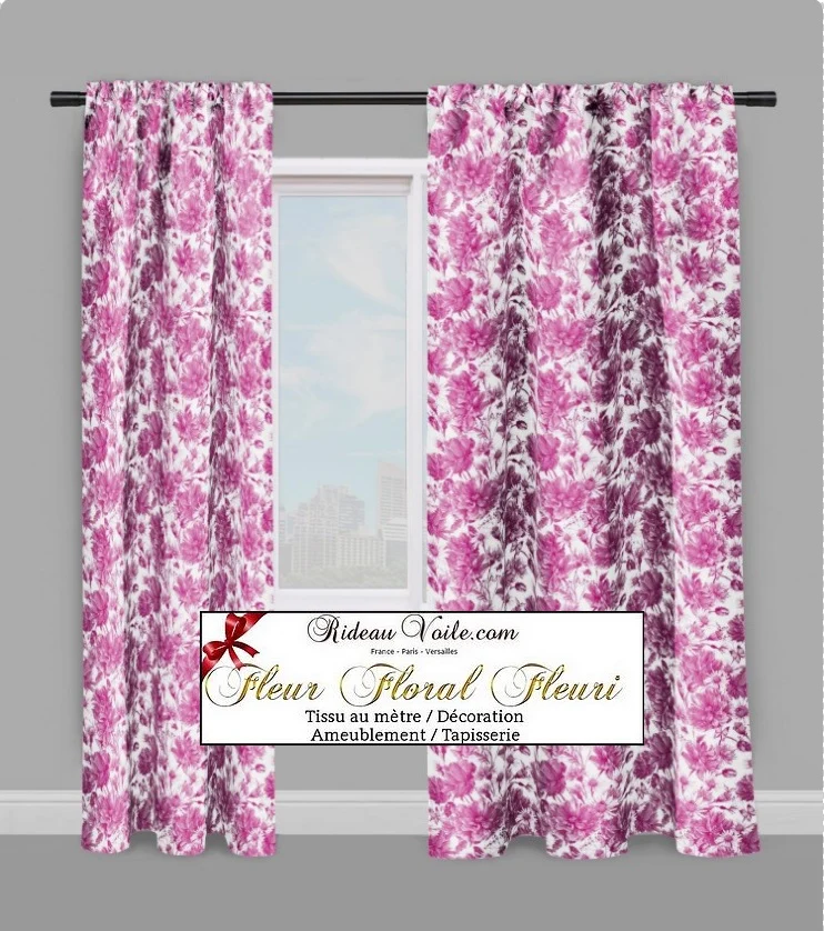 Tissu ameublement coquelicots mètre fushia motif fleurs rideau couette sur mesure