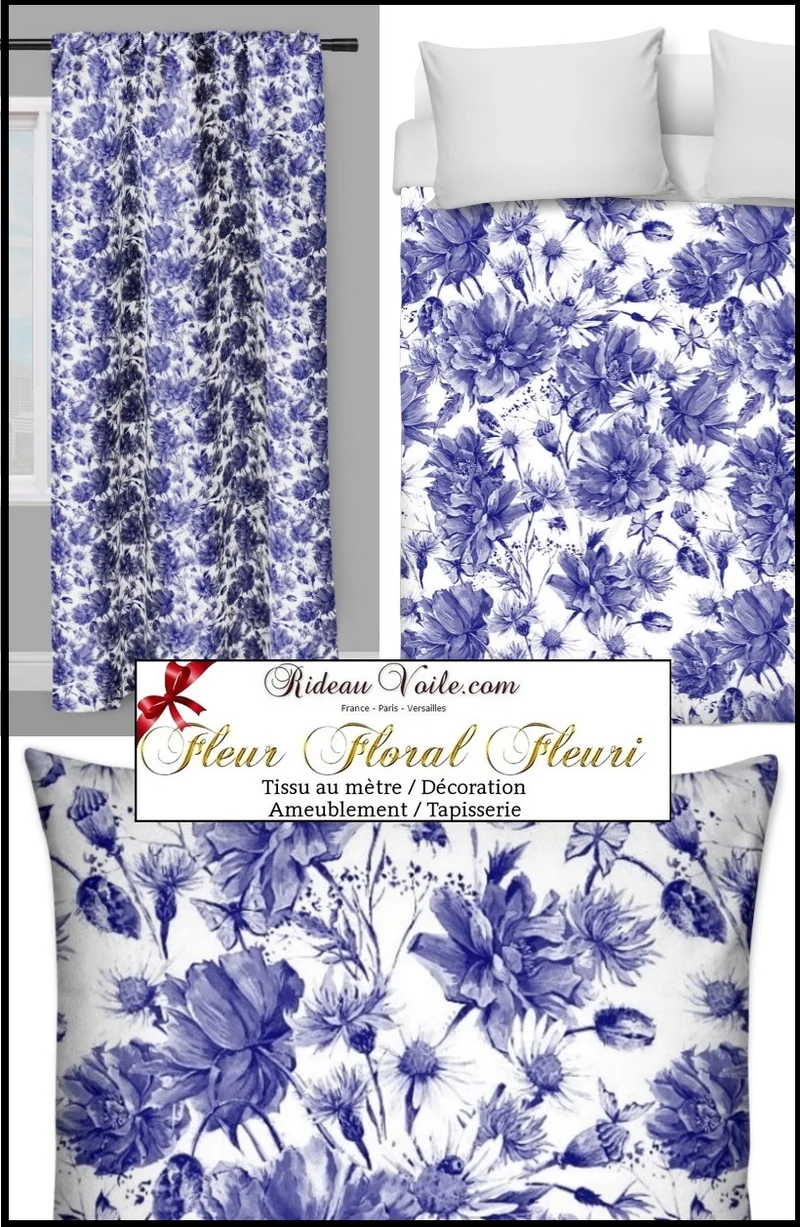 Boutique tissu ameublement mètre bleu fleuris motif fleurs rideau Paris Versailles déco