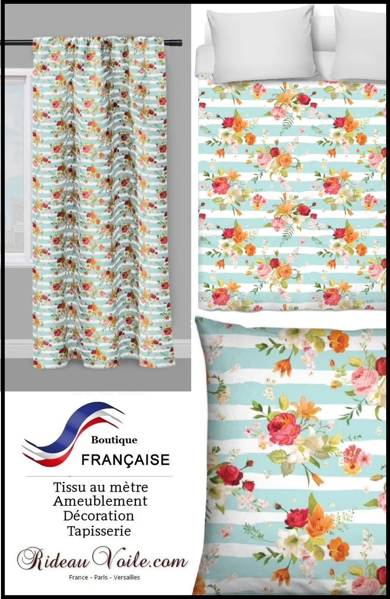 Tissu ameublement mètre rayé rayure horizontale fleuri motif fleur imprimé floral rideau