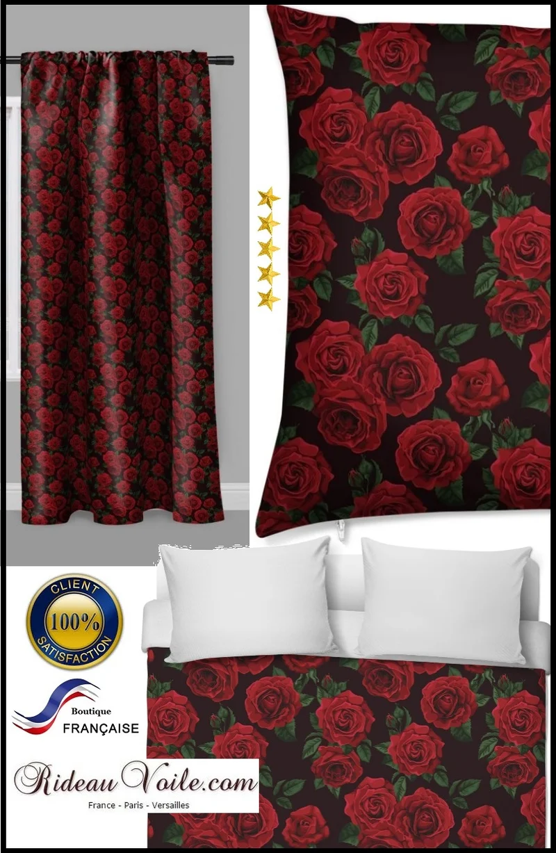 Imprimé Fleurs de Roses rouge motif tissu ameublement au mètre rideau couette