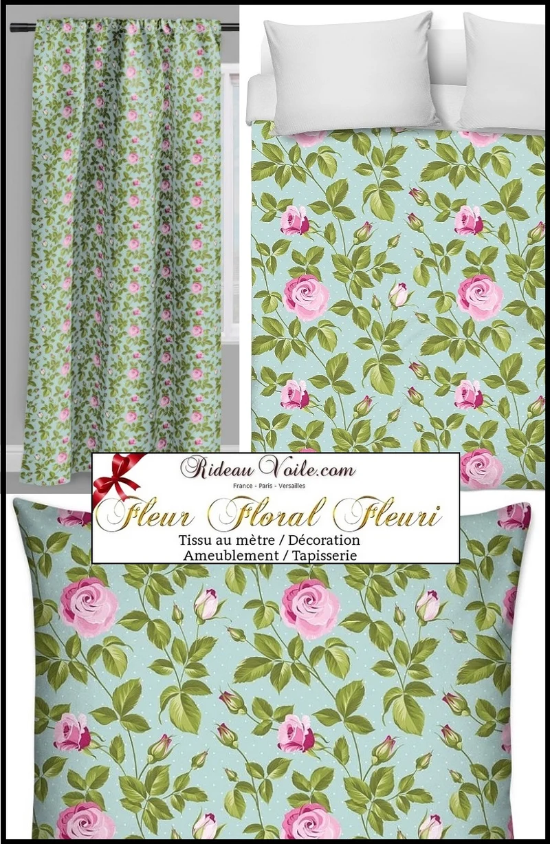 Boutique Fleurs de Roses à points blanc tissu ameublement mètre rideau couette