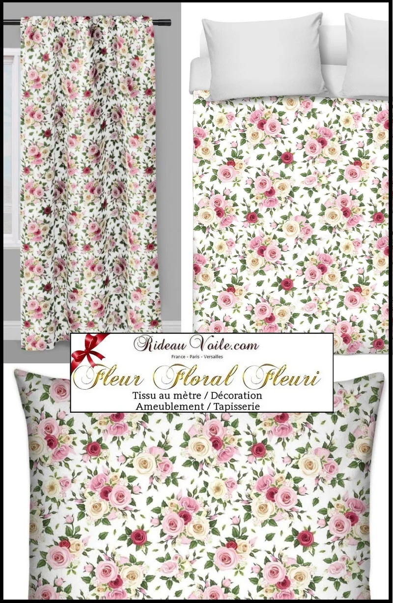 Boutique déco bouquets fleuris tissu motif fleurs de Roses au mètre rideau sur mesure