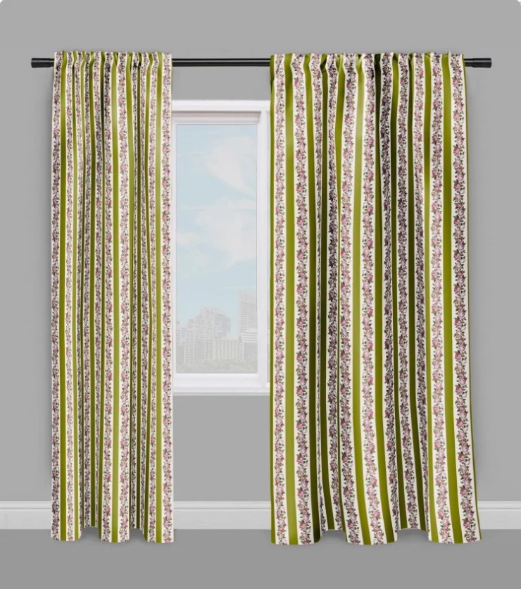Tissu ameublement tapisserie motif fleurs Roses rétro rayés vert au mètre rideau