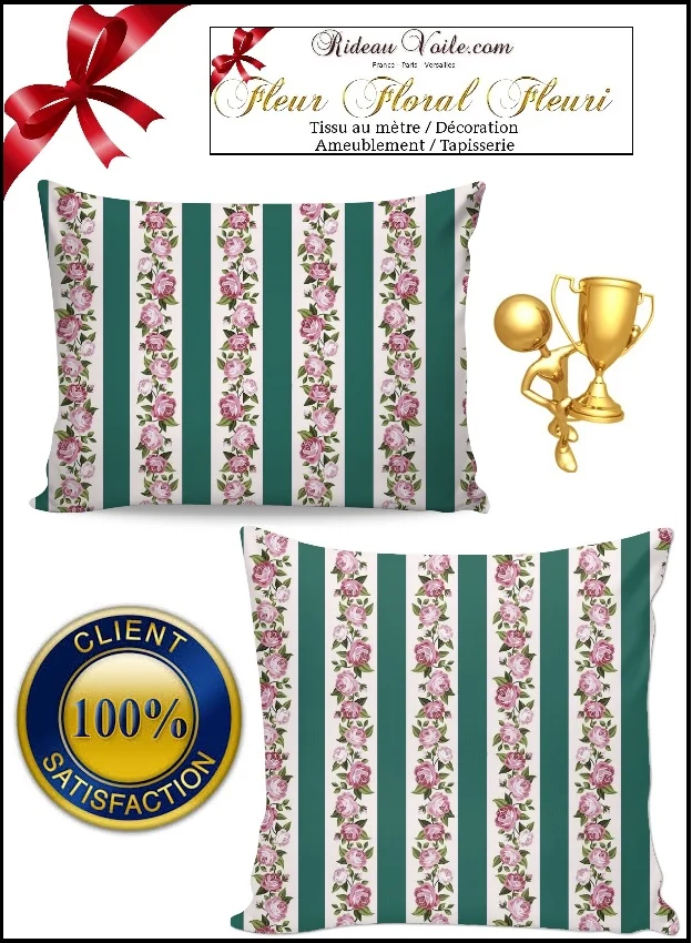 Tapisserie rayés rayures vert motif tissus ameublement mètre fleurs Roses rideau
