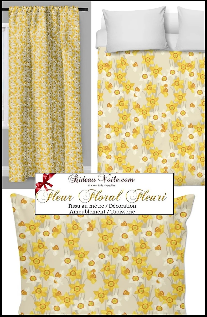 Tissu imprimé motif fleurs Jonquilles jaune ameublement tapisserie mètre rideau voilage