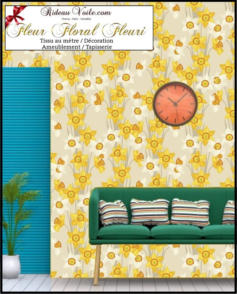 Tissu imprimé motif fleurs Jonquilles jaune ameublement tapisserie mètre rideau voilage