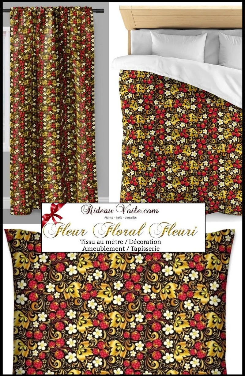 Tissu ameublement motif floral fraise Russe mètre rouge or noir fleurs rideau tapisserie