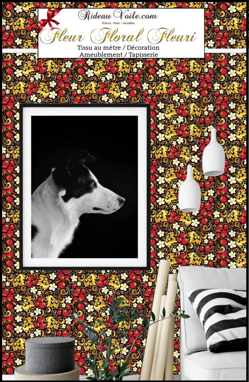Tissu ameublement motif floral fraise Russe mètre rouge or noir fleurs rideau tapisserie