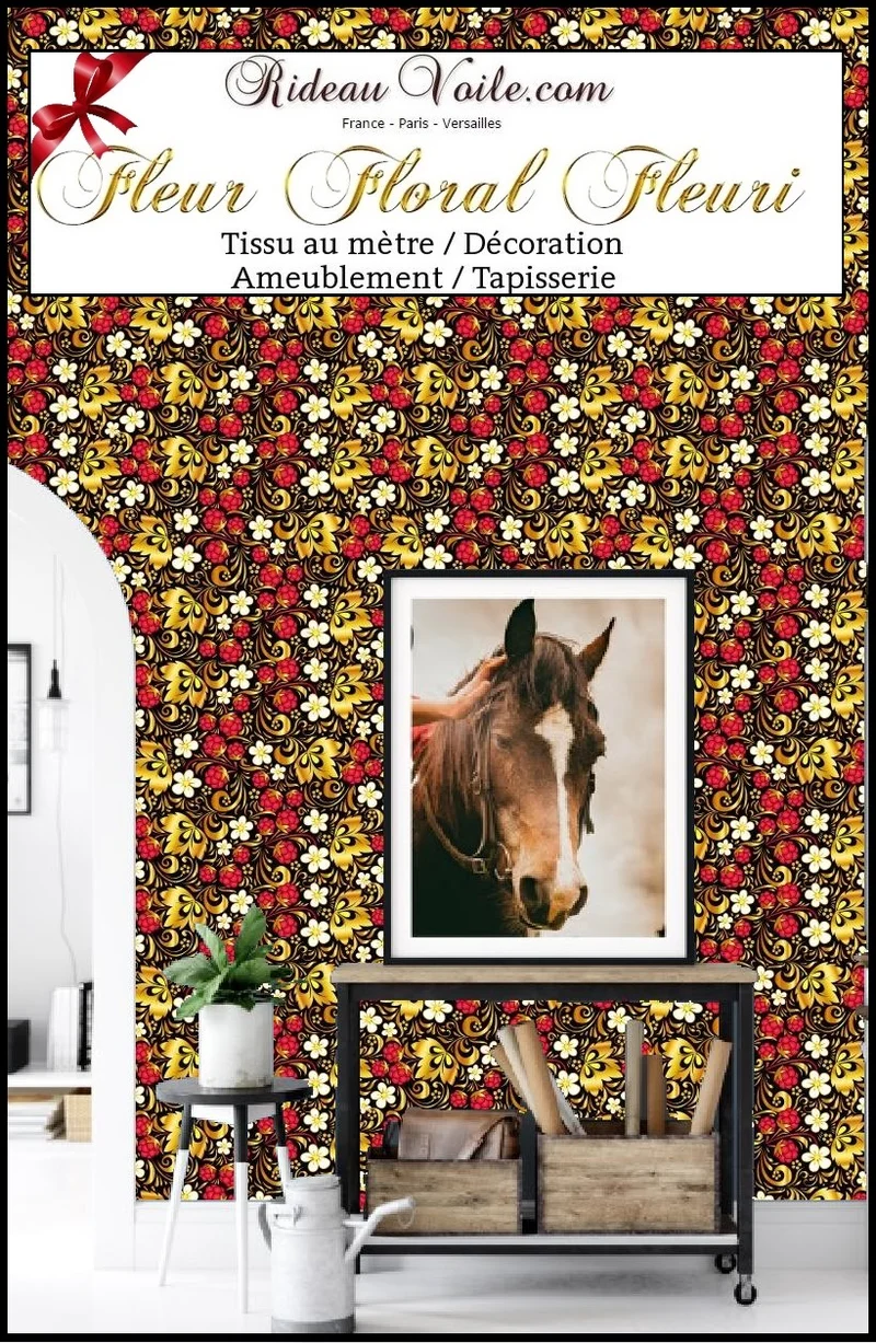 Tissu ameublement motif floral fraise Russe mètre rouge or noir fleurs rideau tapisserie