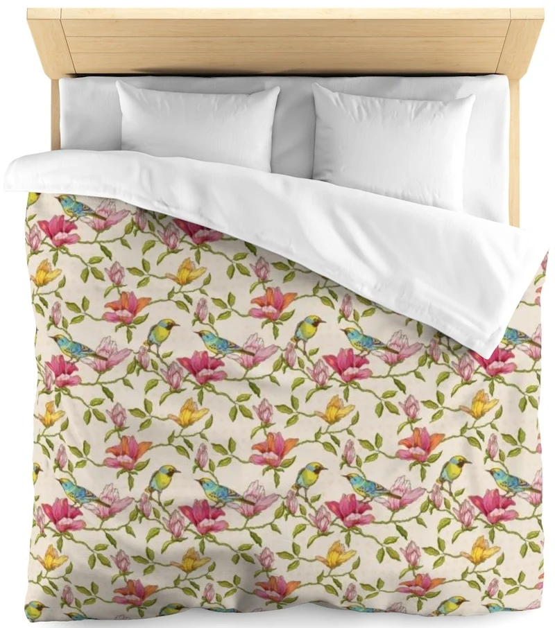 Tissu au mètre motif oiseaux branche été fleur rouge feuilles rideau coussin couette